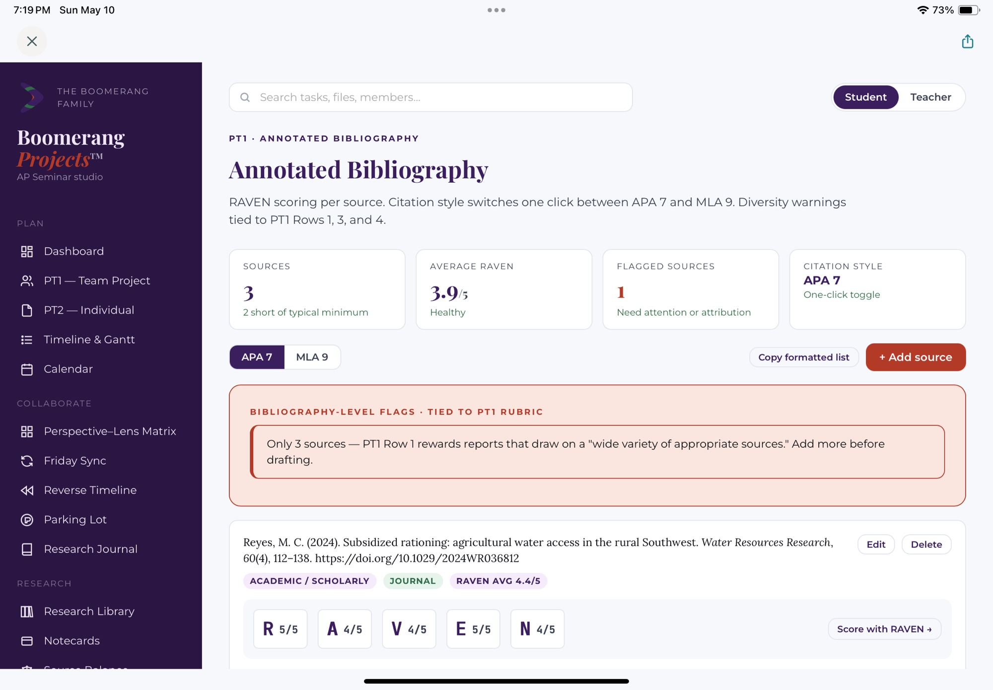 Boomerang Projects Annotated Bibliography showing source counts, credibility scoring, citation-style controls, annotations, and a bibliography-level research flag.