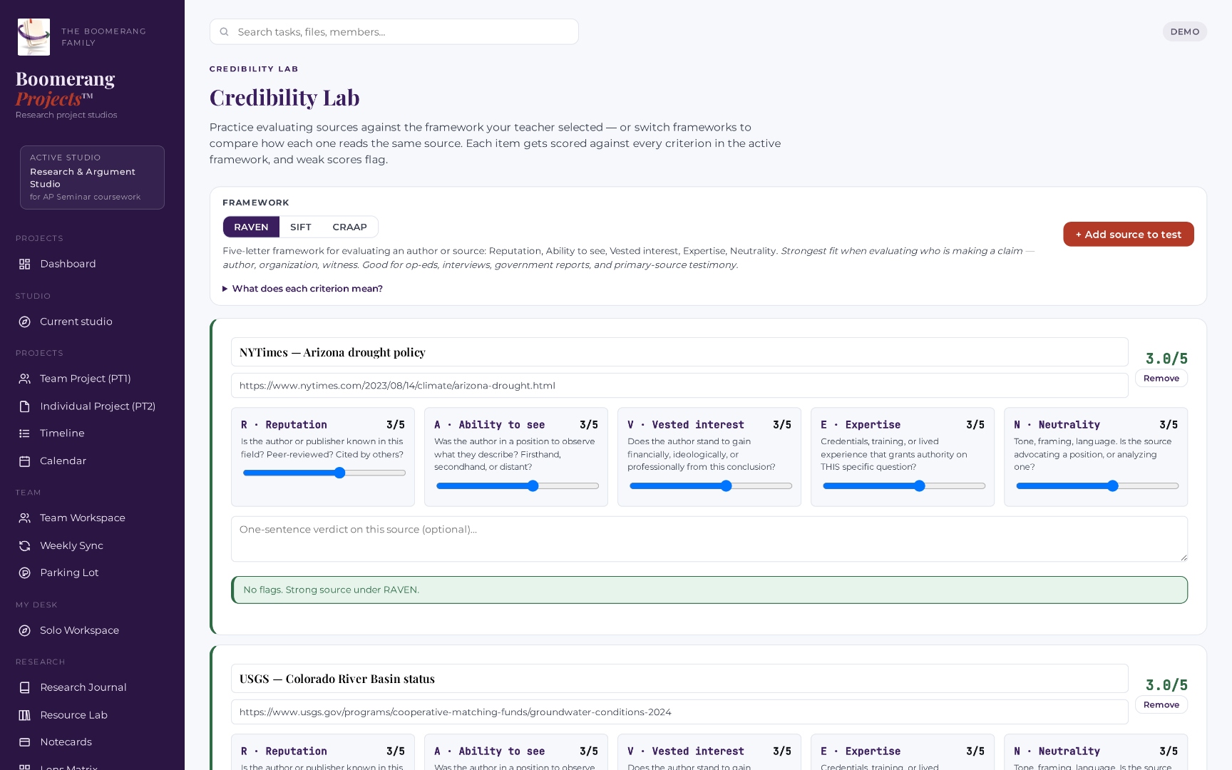 Boomerang Projects Credibility Lab — student-facing source-evaluation practice tool. Top of the screen lets the student pick the active framework (RAVEN, SIFT, or CRAAP) and shows the framework&rsquo;s criteria. Each source under test gets scored against every criterion with sliders; weak scores trigger flags and strong scores trigger a green &lsquo;no flags&rsquo; verdict.