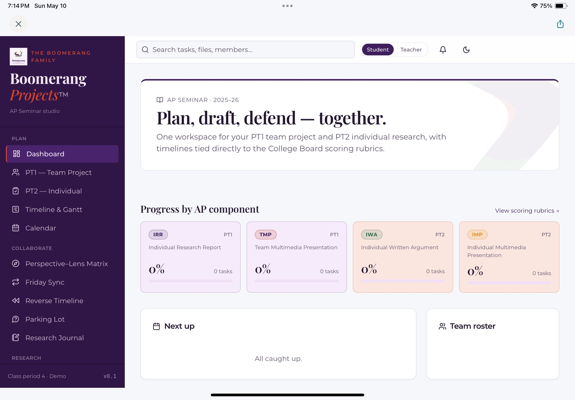 Boomerang Projects student dashboard showing the project components, current work, and progress across a research project.