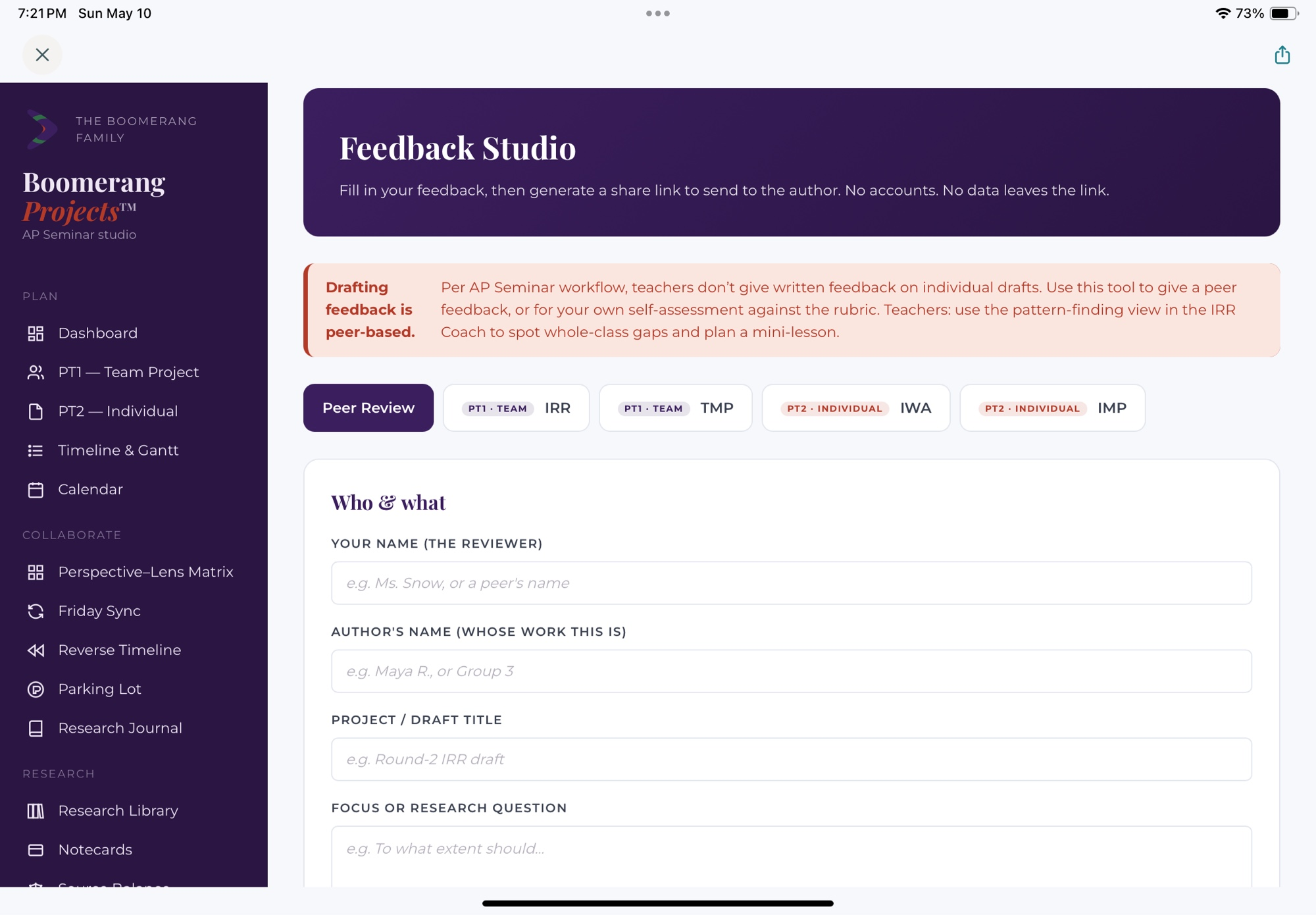 Feedback Studio — peer review form with a banner explaining that AP Seminar drafting feedback is peer-based and teachers spot whole-class patterns to plan mini-lessons.