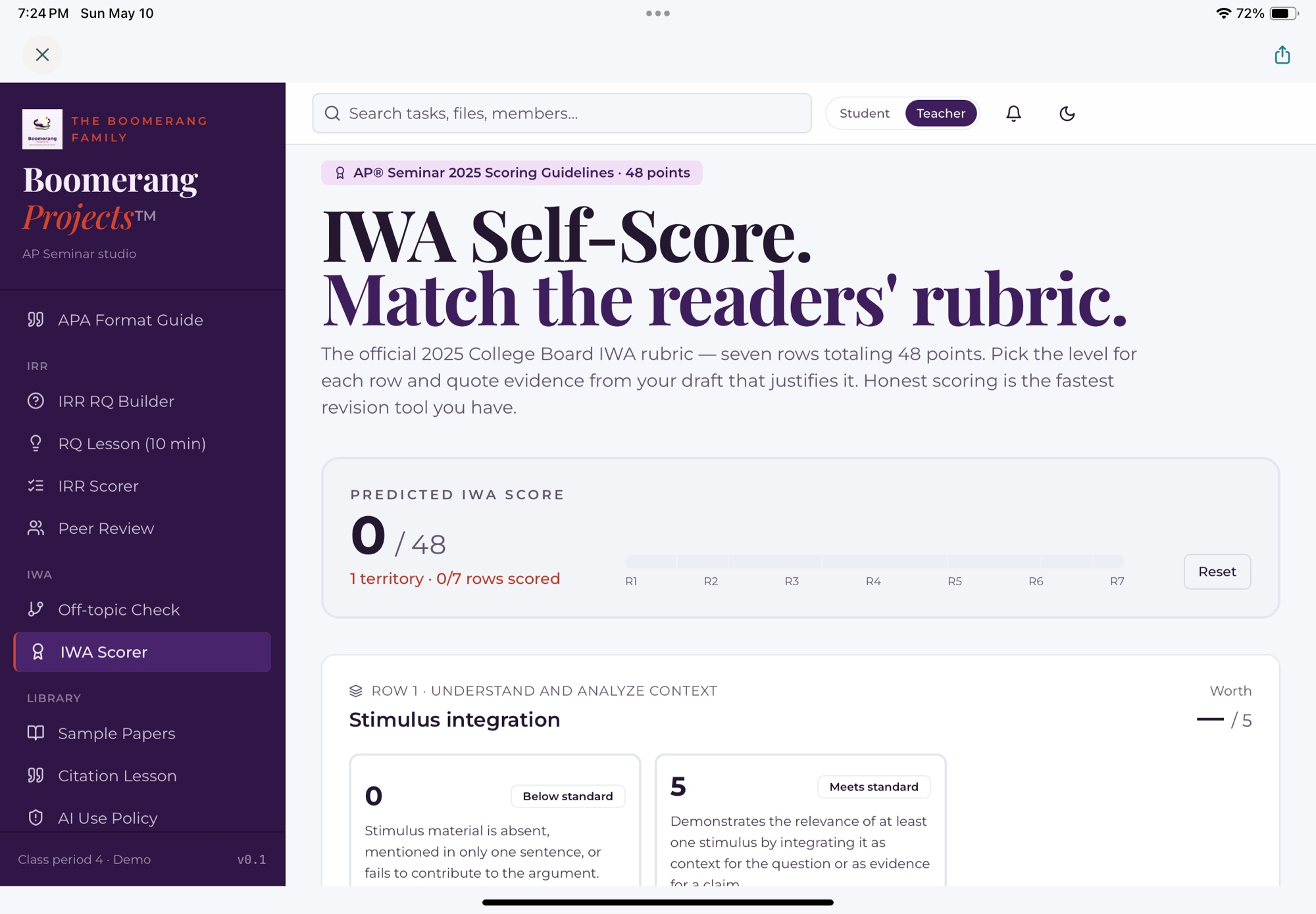 IWA Self-Score — official 2025 College Board IWA rubric with 7 rows totaling 48 points; students pick a level for each row and quote evidence from their draft.
