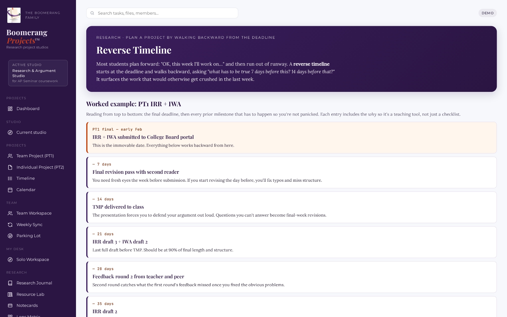 Boomerang Projects Reverse Timeline screen — starts at the immovable final deadline (PT1 final to College Board portal) and walks every prior milestone backward in days: 7 days before for a revision pass, 14 days before for TMP delivery, 21 days for IRR/IWA drafts, 28 days for feedback rounds. Each milestone includes the &lsquo;why&rsquo; so it teaches, not just schedules.
