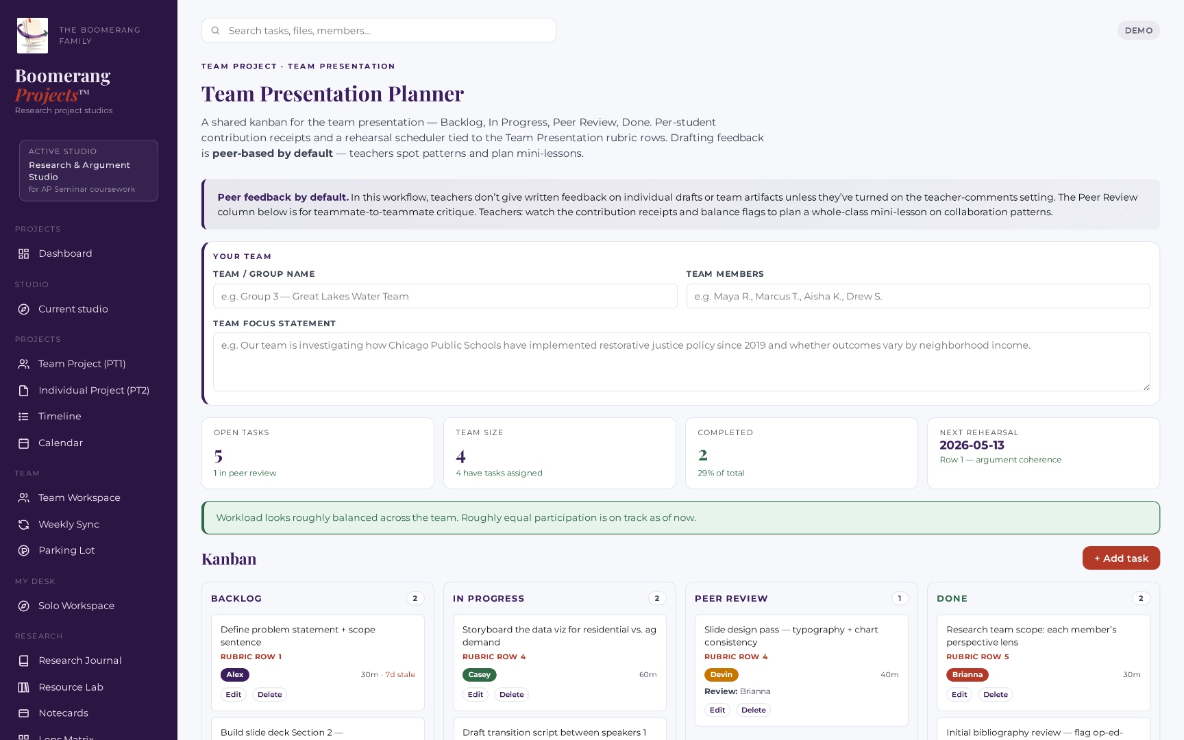 Boomerang Projects Team Presentation Planner — shared team kanban with Backlog, In Progress, Peer Review, and Done columns. Each card is tagged to a specific rubric row and assigned to a teammate. Top of the page shows team focus statement, open-tasks count, team size, completed-tasks count, and next rehearsal date. A green balance flag confirms workload is distributed evenly across the team.