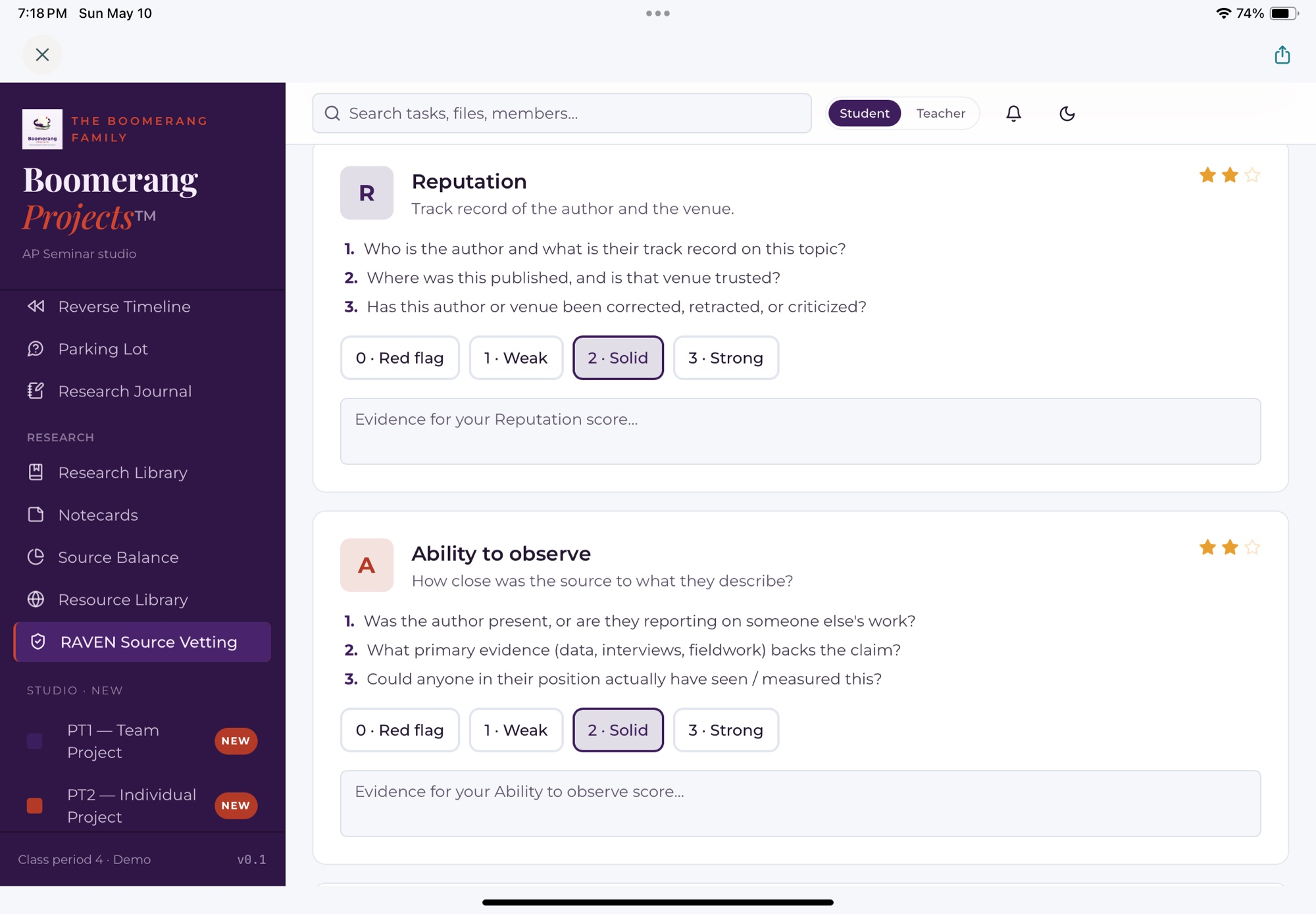 RAVEN Source Vetting — each source scored across Reputation, Ability to observe, Vested interest, Expertise, and Neutrality on a four-step scale.