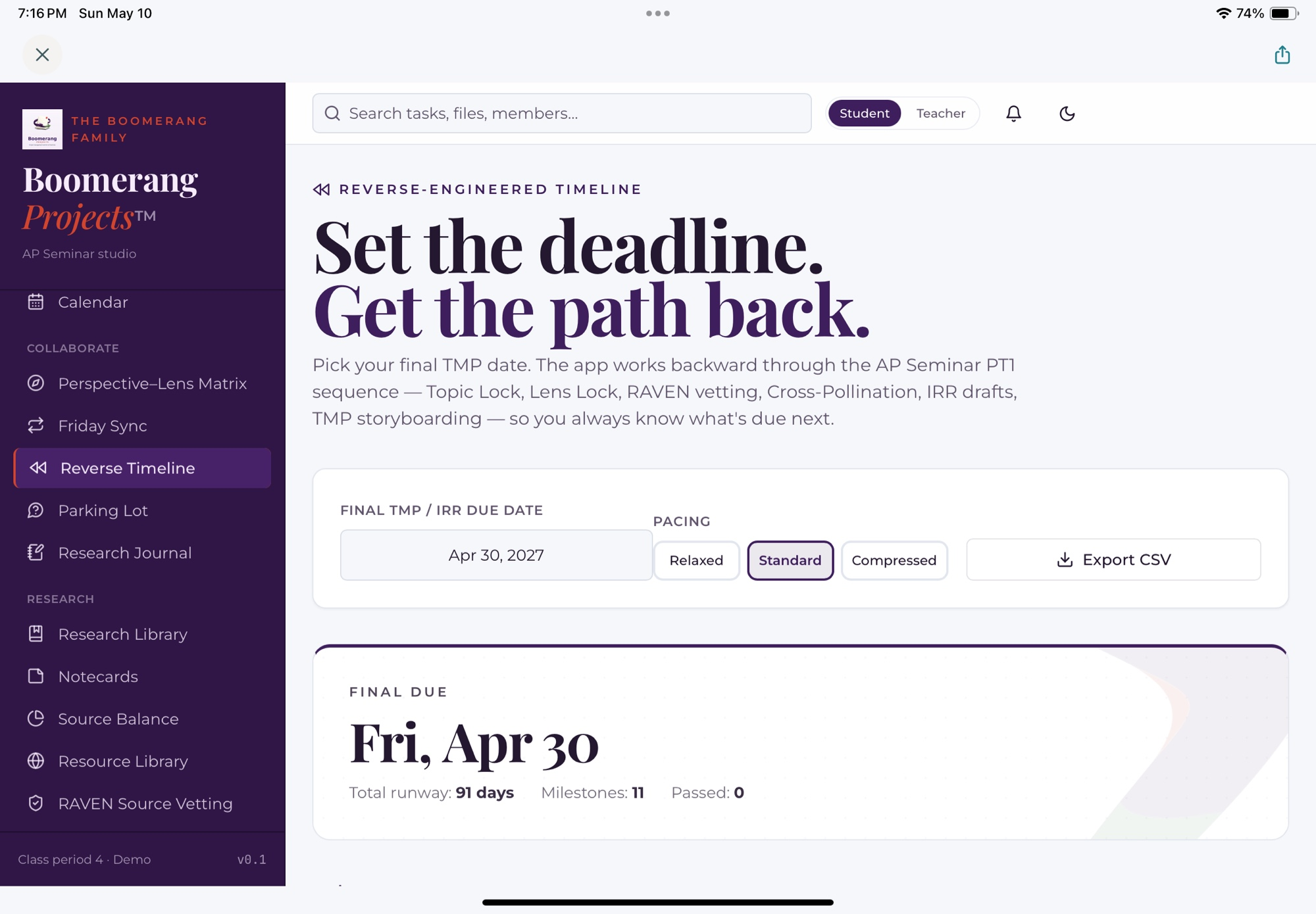 Boomerang Projects Reverse Timeline showing a final deadline and the dated milestones that lead toward it.