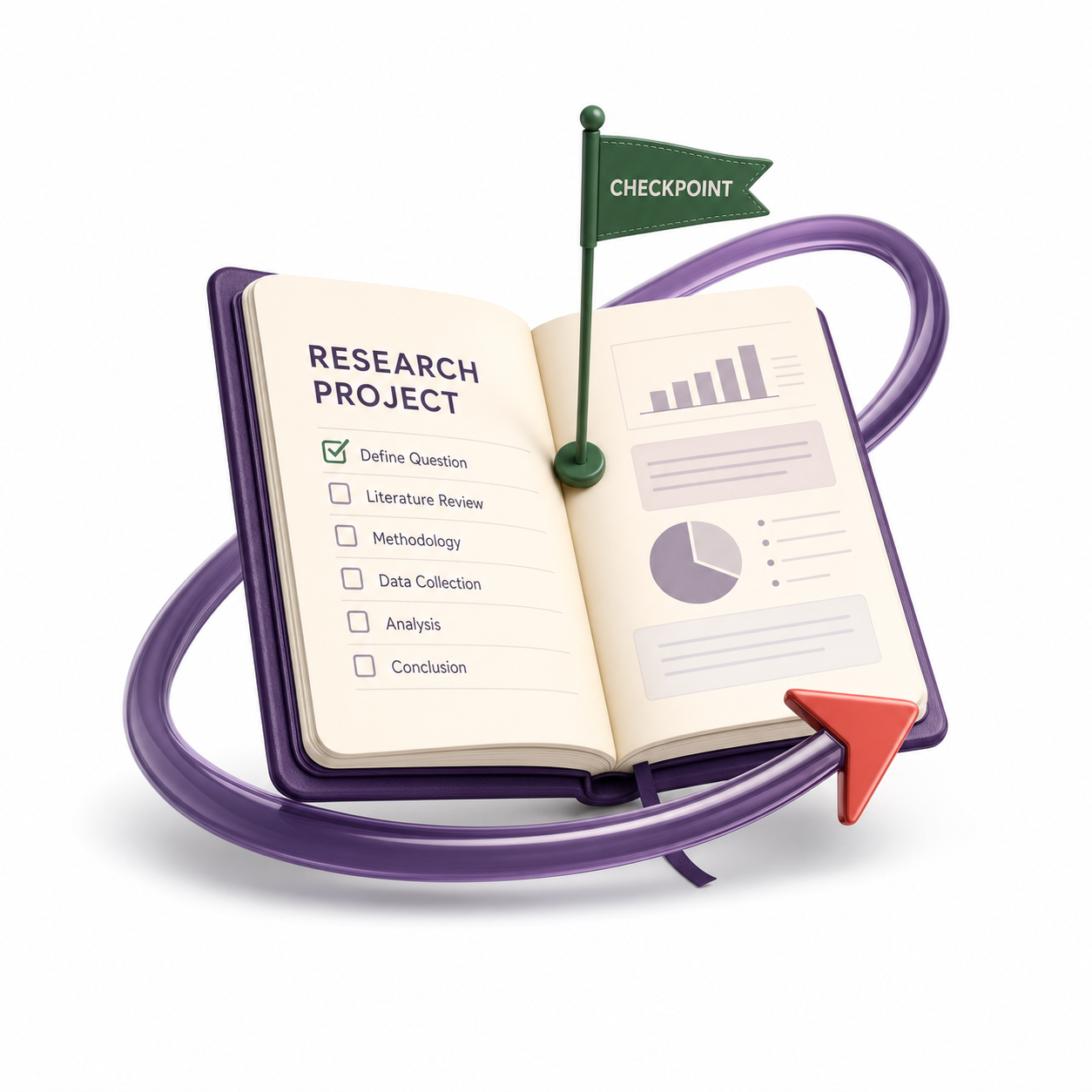 A 3D illustration of a notebook wrapped by a plum boomerang arc.