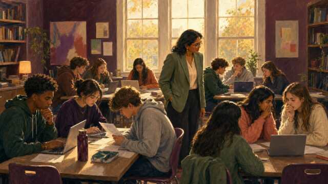 A teacher guiding students as they study and work together in a library classroom.