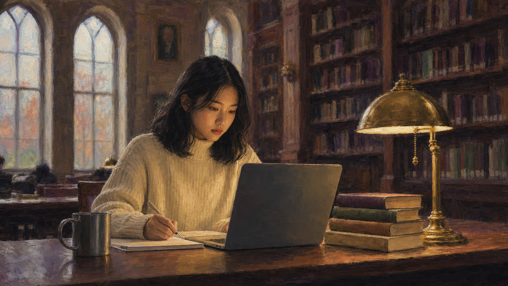 A student working alone at a library table.
