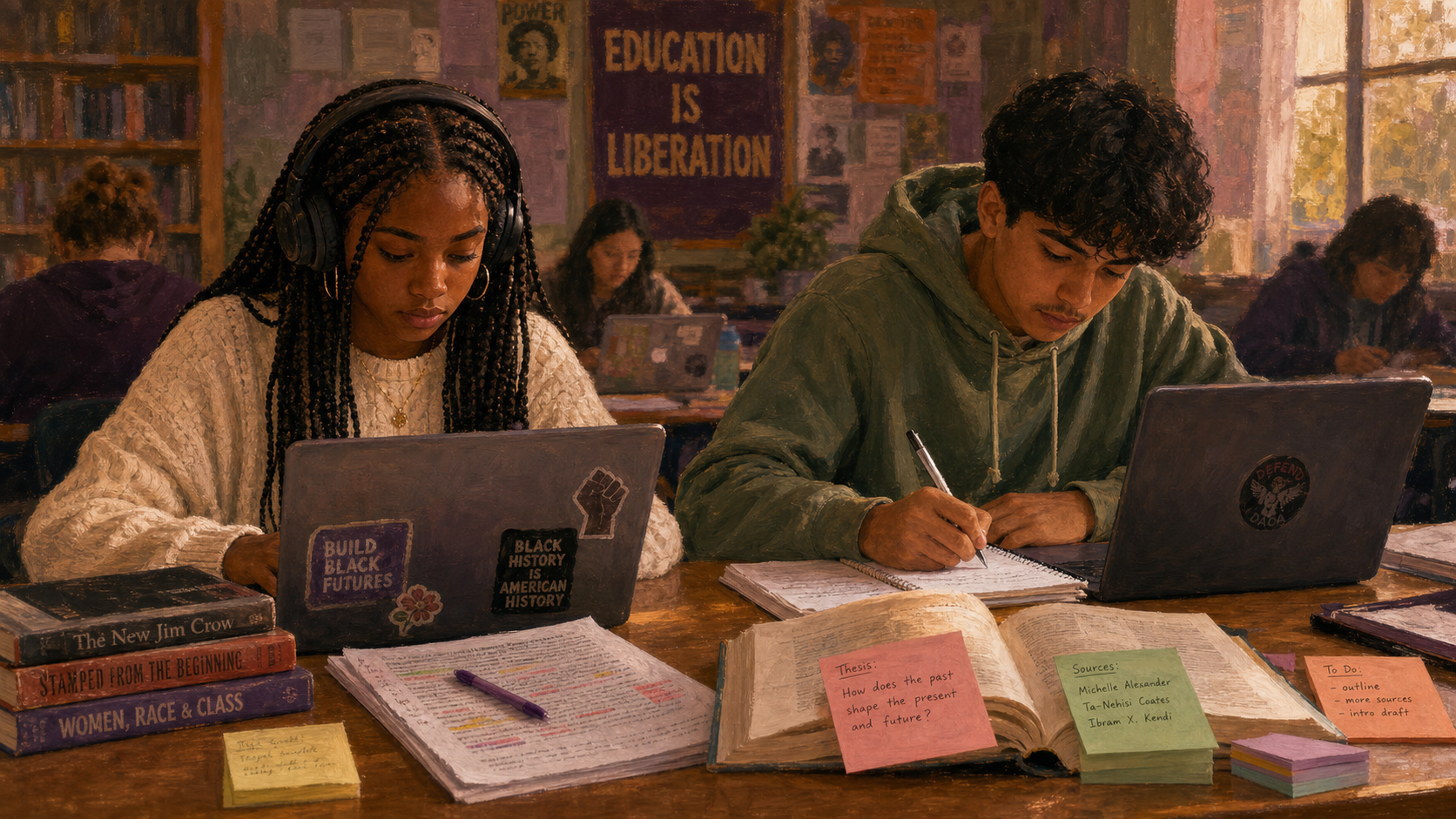 Two students at desks in focused independent work.