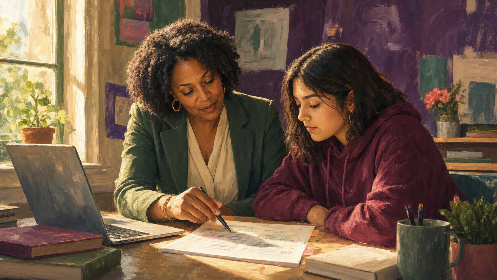 A teacher conferencing one-on-one with a student over a laptop.