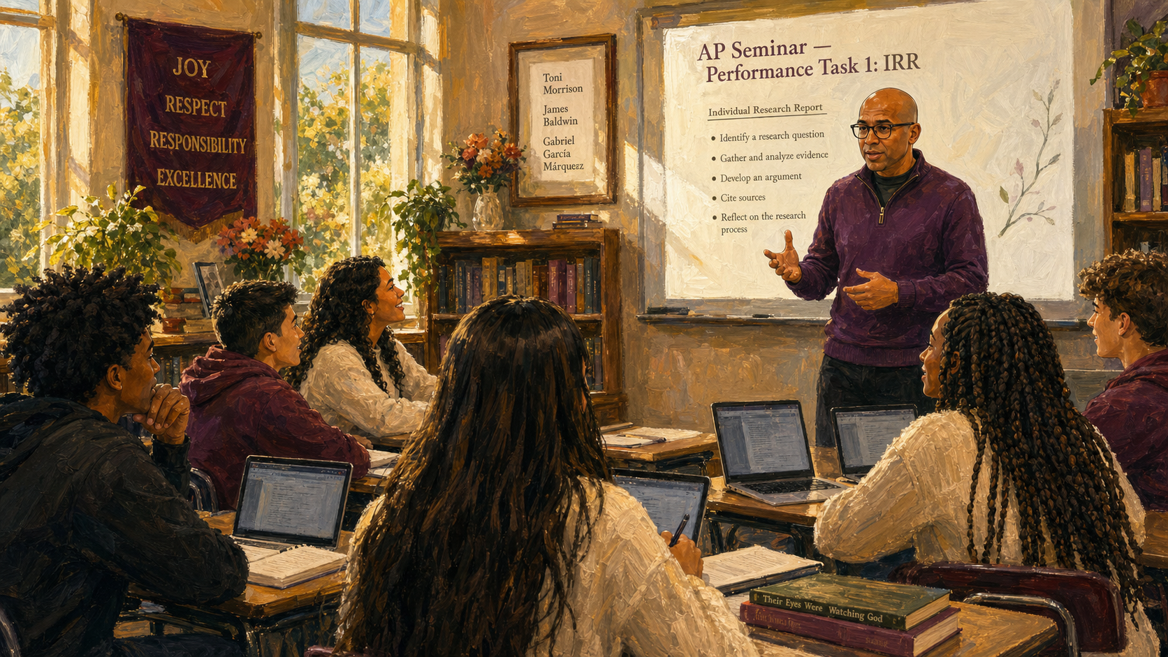 A teacher leading a research-project lesson at the front of a classroom.